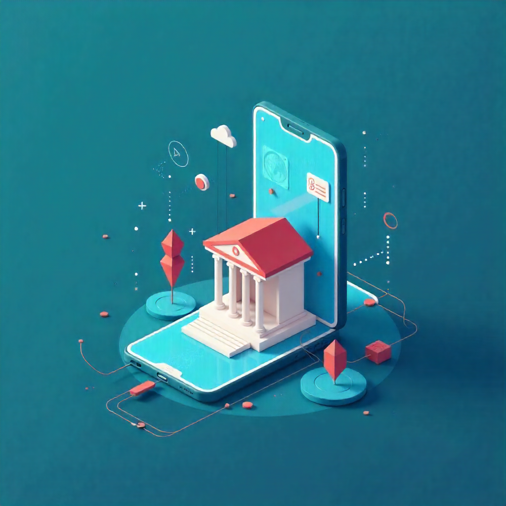 スマホと銀行をモチーフにしたヒーローイラスト